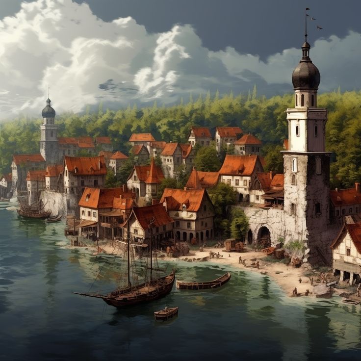 a painting of a town on the water