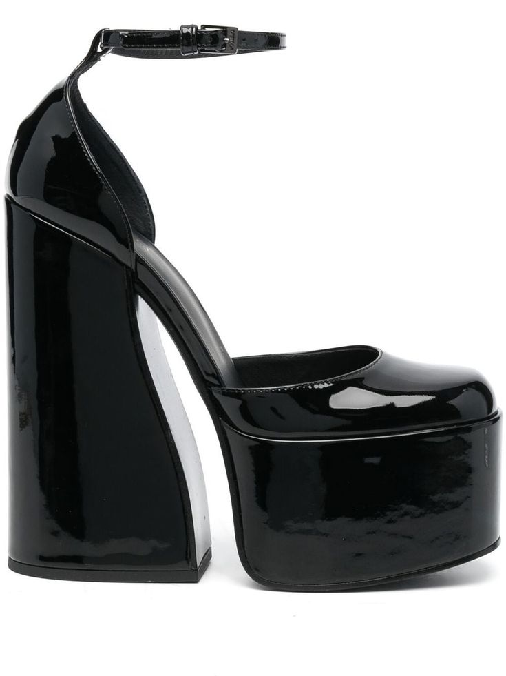 black calf leather platform sole round toe block heel side buckle fastening Black Leather Platform Heeled Boots, Black Platform Heels For Cosplay, Black Punk Chunky Platform Heels, Black High-cut Platform Heels, Gothic Chunky Platform Leather Heels, Drag Queen Heels, Versace Heels, Platform Shoes Heels, Women's Shooting