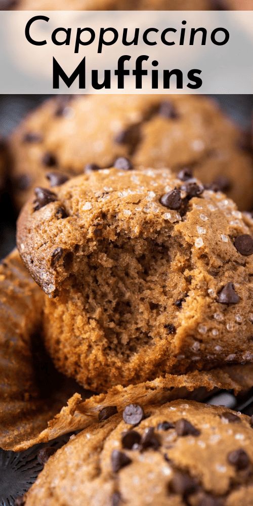 chocolate chip muffins with text overlay that reads cappucinoo muffins