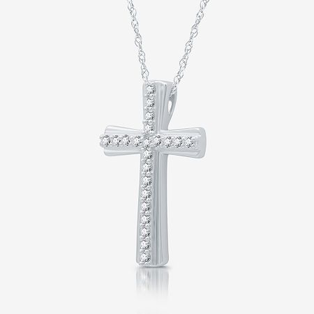 Features: Religious Jewelry, Certified DiamondsDiamond Clarity: I1Jewelry Closure: Spring Ring ClaspSetting: ProngShape: CrossStone Cut: RoundDiamond Color: H-IMetal Color: WhiteChain Length: 18 InchRounded Carat Weight: 1/4 Ct. T.w.Chain Construction: RopeCare: Wipe CleanStone Type: 22 Lab Grown DiamondAuthenticity: Lab Grown DiamondBirthstone: April BirthstoneMetal: Sterling SilverNecklace Type: Pendant NecklacesCountry of Origin: Imported White Diamond-cut Pendant Cross Necklace, White Diamond Cut Pendant Cross Necklace, Formal White Diamond Cut Cross Necklace, White Cross Necklace With Diamond Accents For Formal Events, White Cross Necklace With Diamond Accents For Formal Occasions, Formal White Cross Necklace With Diamond Accents, Classic White Cross Necklace With Diamond Accents, Silver Cross Pendant Necklace With Diamond Accents, Classic White Diamond Cut Cross Necklace