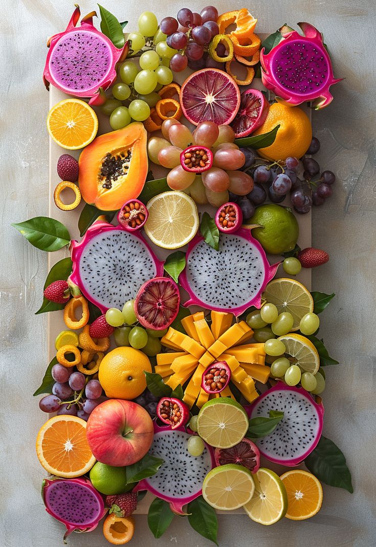 an arrangement of fruits and vegetables arranged in the shape of a rectangle on a table