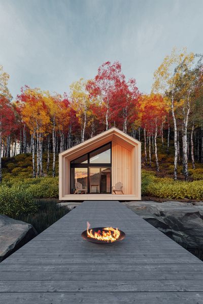 a fire pit sitting on top of a wooden dock next to a forest filled with trees