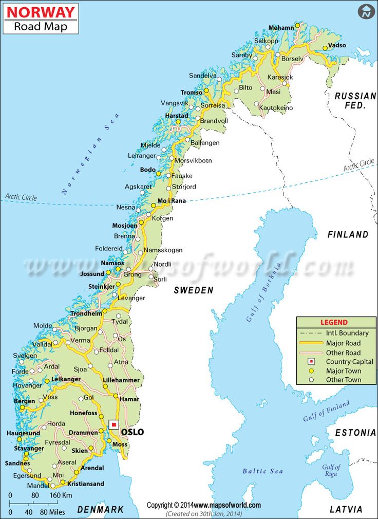 a map of norway with roads and major cities