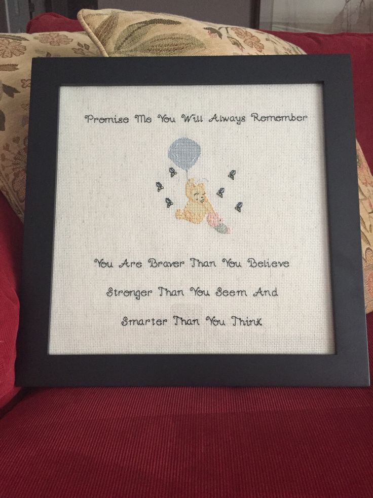 a cross stitch picture frame with a winnie the pooh quote and an image of a teddy bear holding a balloon