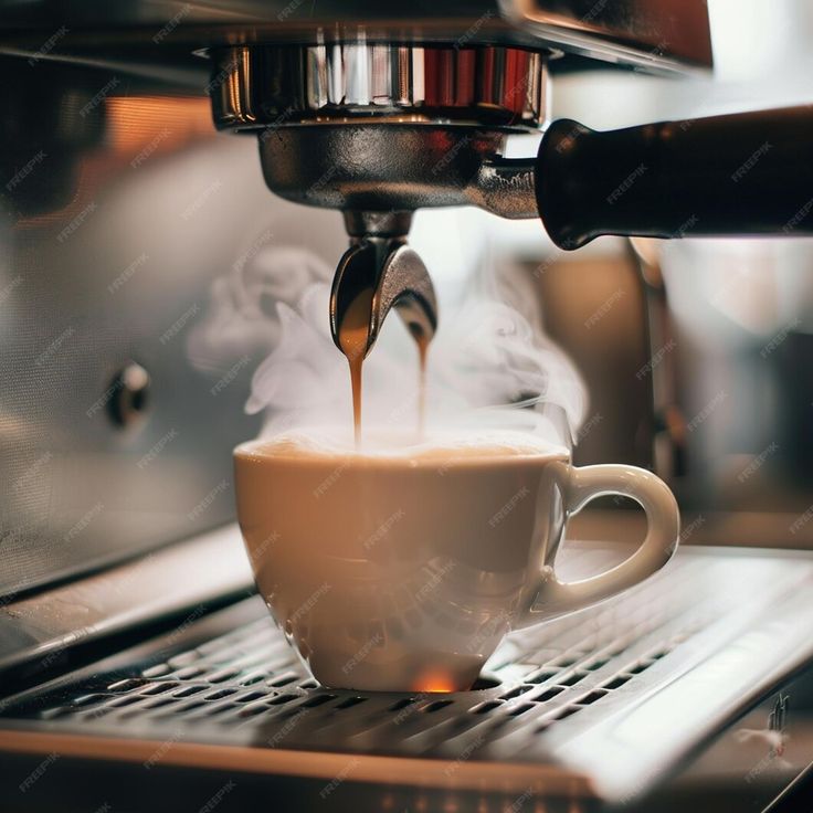 espresso being poured into a coffee cup with steam coming out from the top