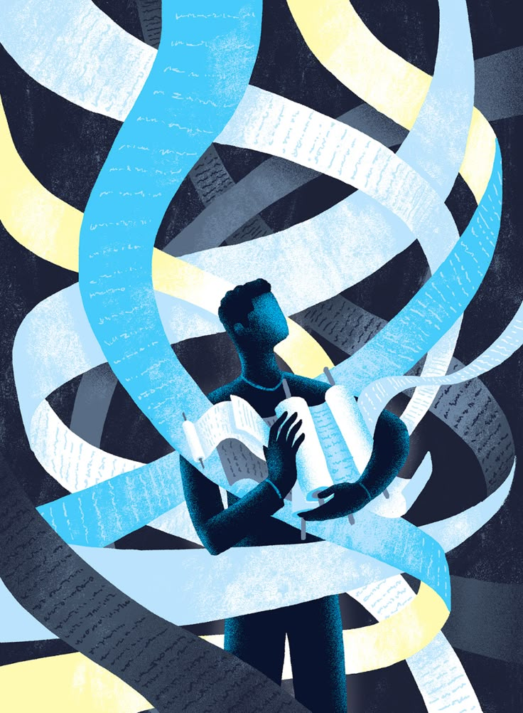 a man holding an open book in front of a blue and yellow spiral design background