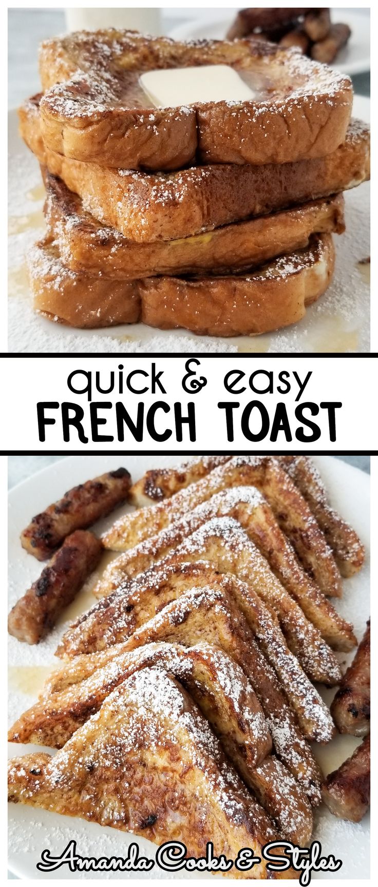 french toast stacked on top of each other with the words quick & easy french toast