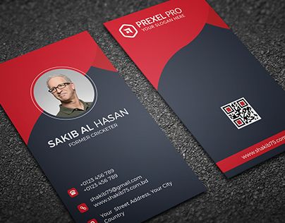 a red and black business card with a man's face on the front side