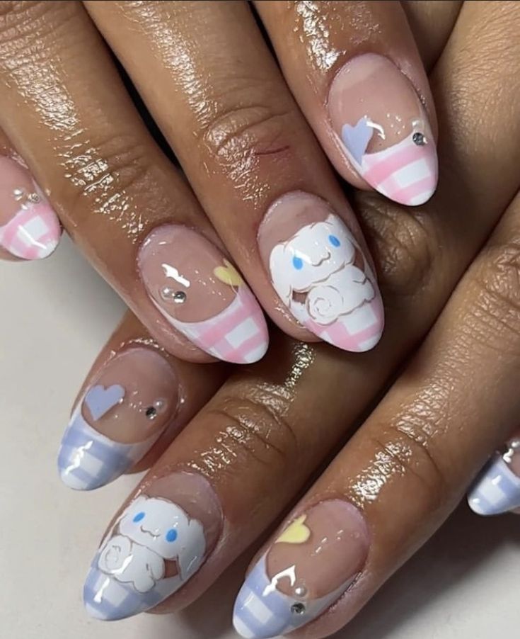 Hello Kitty Cinnamon Roll Nails, Cinnamonroll Sanrio Nail Art, Cinnamoroll Nails Short, Cinnamon Roll Sanrio Nails, Sanrio Nails Short, Aristocats Nails, Cinnamoroll Nail Art, Cinnamon Roll Nails, Nails For Mexico