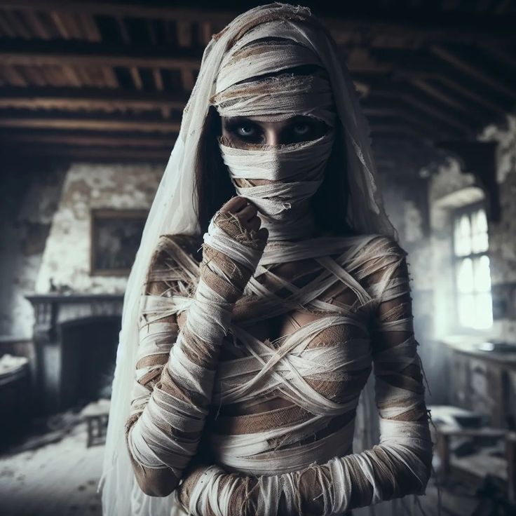 a woman with bandages wrapped around her face and head, standing in an old room