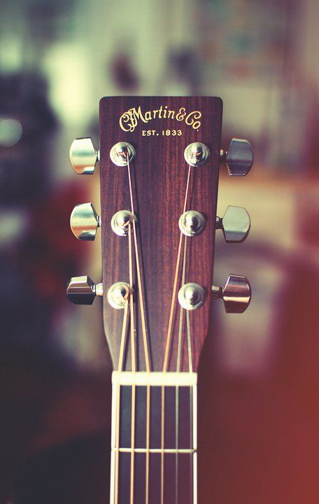 a close up of the heads and neck of an acoustic guitar, with blurry background