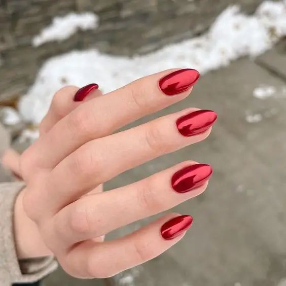 Red Chrome Manicure, Red Chromatic Nails, Red Luminary Nails, Red Nails Acrylic Chrome, Ted Chrome Nails, Red Chrome Dip Powder Nails, Chrome On Red Nails, Pearly Red Nails, Red Satin Nails