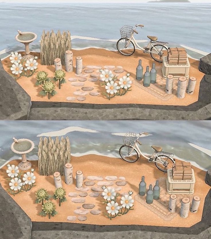 two views of a beach with flowers and bottles