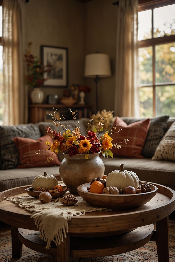 a living room filled with lots of furniture and flowers on top of a coffee table