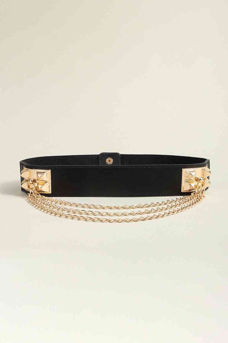 Transform your outfit with our Elastic Belt with Chain! The elastic material ensures a perfect fit while the chain adds a touch of edgy glam. You'll love the versatility and stylish details this belt brings to any look. Upgrade your wardrobe now! Material: PU, alloy Imported Product measurements: Length: 25.6+13.8 in Width: 1.6 in Stylish Belts, Belt With Chain, Tennis Shoe Heels, Edgy Glam, Chic Chic, Halloween Long Sleeve, Beauty Supplements, Blue Zones, Fashion Statements