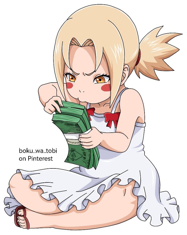 an anime character sitting on the ground with money in her hand and looking at it