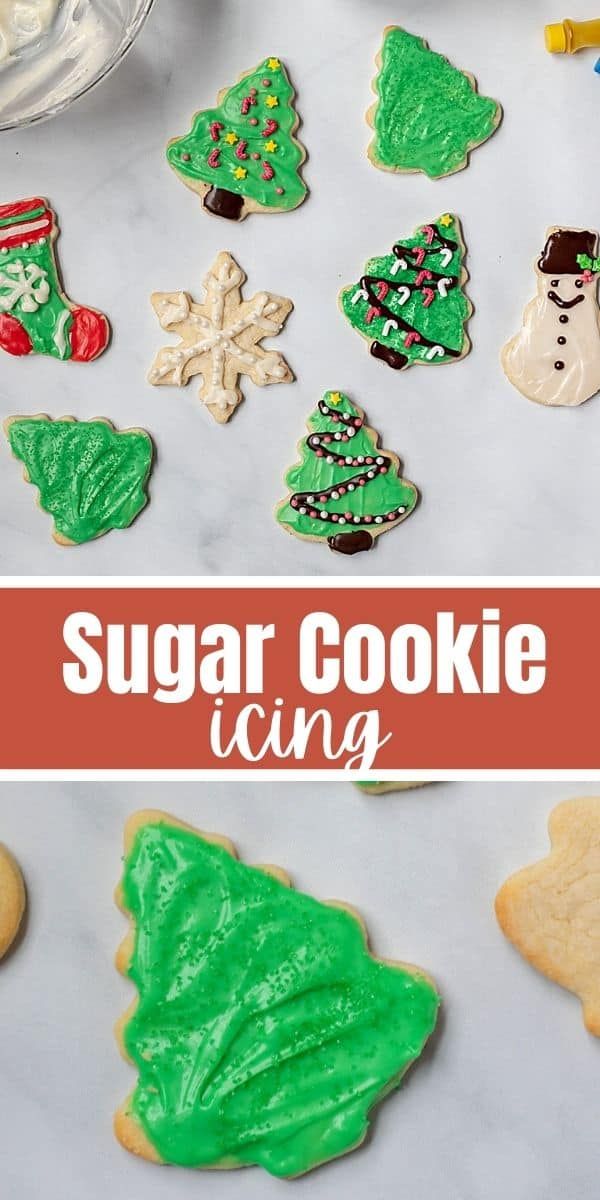 sugar cookie cookies decorated with green icing and christmas tree decorations on a white counter