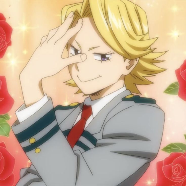 an anime character with blonde hair wearing a suit and red tie holding his hand up to his face