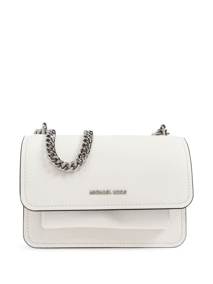 white leather rectangle shape front flap rounded corners metallic chain detail internal slip pocket single card slot adjustable shoulder strap logo patch to the front Bag Michael Kors, Michael Kors Crossbody Bag, Michael Kors Shoulder Bag, Metallic Bag, Chanel 2, Iconic Bags, Demi Fine Jewelry, Small Shoulder Bag, Fine Earrings