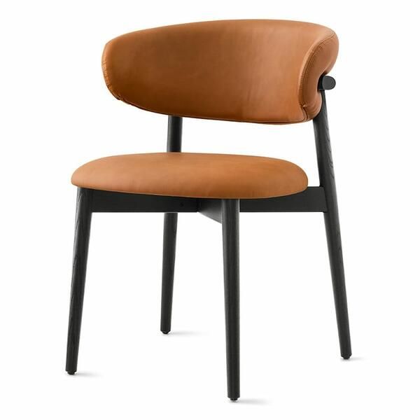 an orange chair with black legs and a brown leather upholstered backrest, viewed from the front