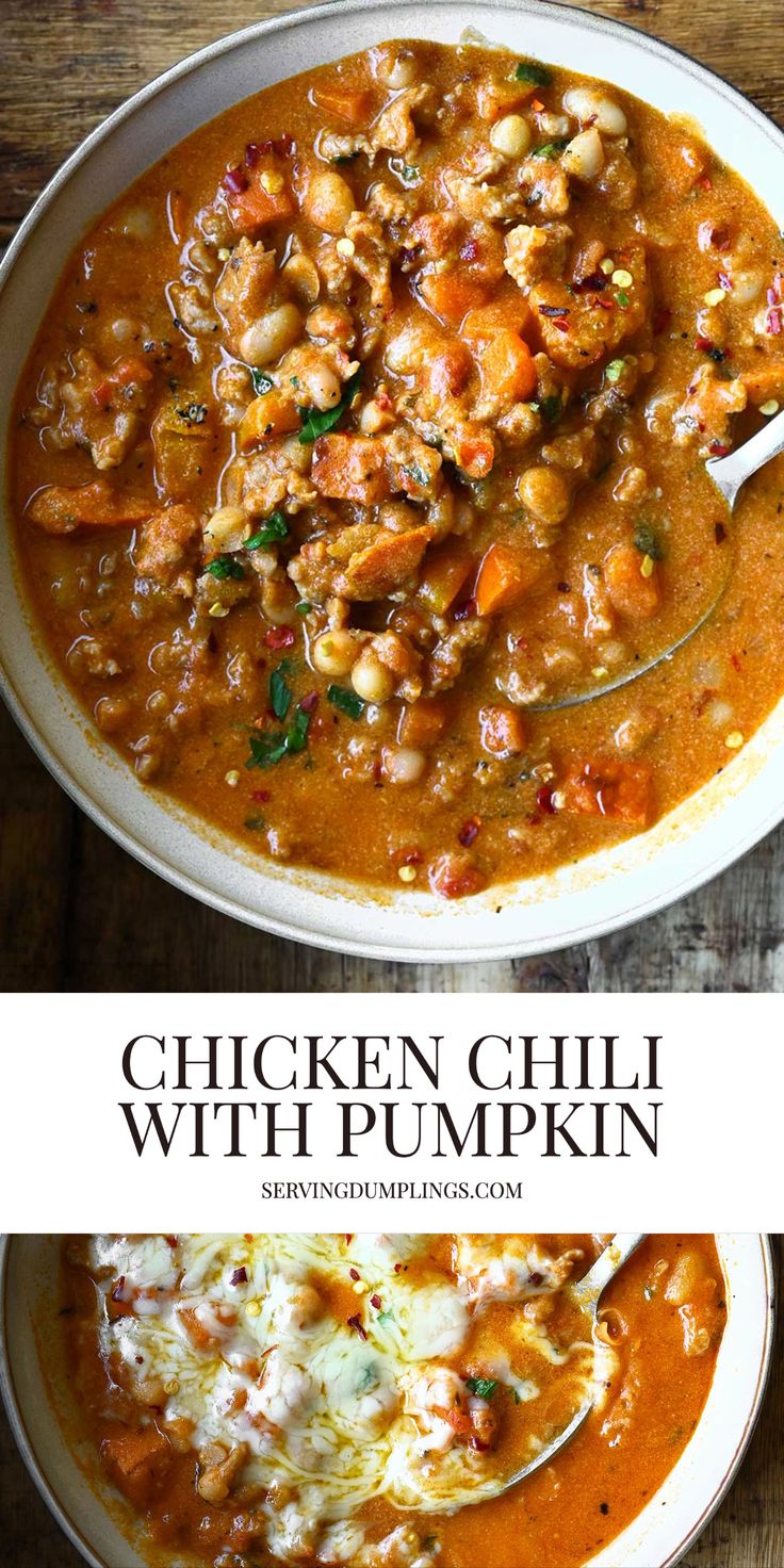 chicken chili with pumpkin in a white bowl on top of a wooden table next to a spoon