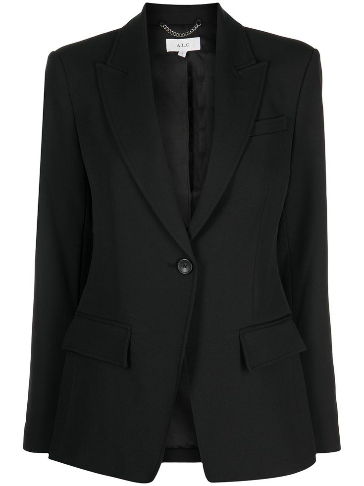 licorice black peak lapels long sleeves front button fastening chest welt pocket two side flap pockets central rear vent full lining Business Jackets For Women, Sleek Blazer With Single Button And Lapel Collar, Black Blazer With Concealed Fastening For Business, Chic Blazer With Concealed Front Fastening For Business, Black Semi-formal Blazer With Concealed Fastening, Semi-formal Black Blazer With Concealed Fastening, Formal Fall Blazer With Concealed Front Fastening, Formal Blazer With Concealed Fastening For Fall, Office Tuxedo Style Outerwear With Welt Pockets