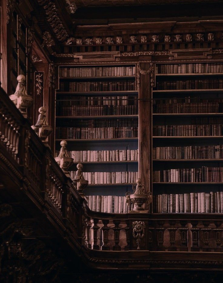 an old library with many bookshelves and statues on the stairs in front of it