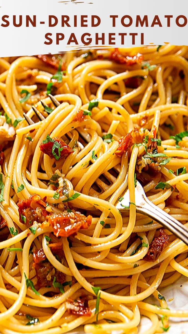 a plate full of spaghetti with sauce and parsley