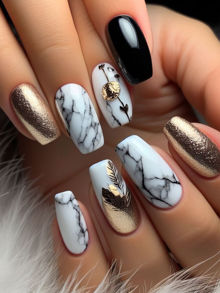 A chic black and white nail design with marble accents and gold foil detailing, adding a touch of luxury to the fingertips Black White And Gold Nails Short, Black And White Nail Design, White Nail Design, White Nails With Gold, Black And White Nail, Black And White Nail Designs, Marble Nail Art, White Nail Designs, Black And White Marble