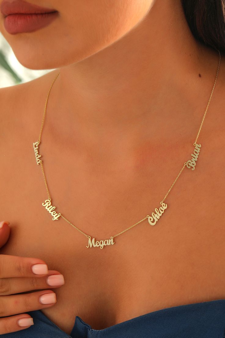 14k 18k Gold Multi Five Name Necklace, Personalized Family Name Necklace, Mother Gift Kids Name Necklace, Custom Name jewelry Our gold necklaces are perfect choice for a Christmas, Mother's Day, valentine's day, birthday, wedding, anniversary, graduation, engagement, bridesmaid, and best friends gift. It's a good way to show appreciation to your mom, girlfriend, wife, grandmother, grandchildren, daughter, sister, best friend, boss or a co-worker. Also, a special treat just for yourself.   FEATUR Elegant Nameplate Charm Necklace For Mom, Silver Nameplate Necklace Stamped 14k, Yellow Gold Name Necklace, Gift For Mom, Luxury Necklaces For Gifts, 14k Yellow Gold Name Necklace For Mom, Personalized Gold Name Necklace, Fine Jewelry, Personalized Gold Name Necklace Fine Jewelry, Gold Personalized Name Necklace In Fine Jewelry Style, Fine Jewelry Name Pendant Necklace