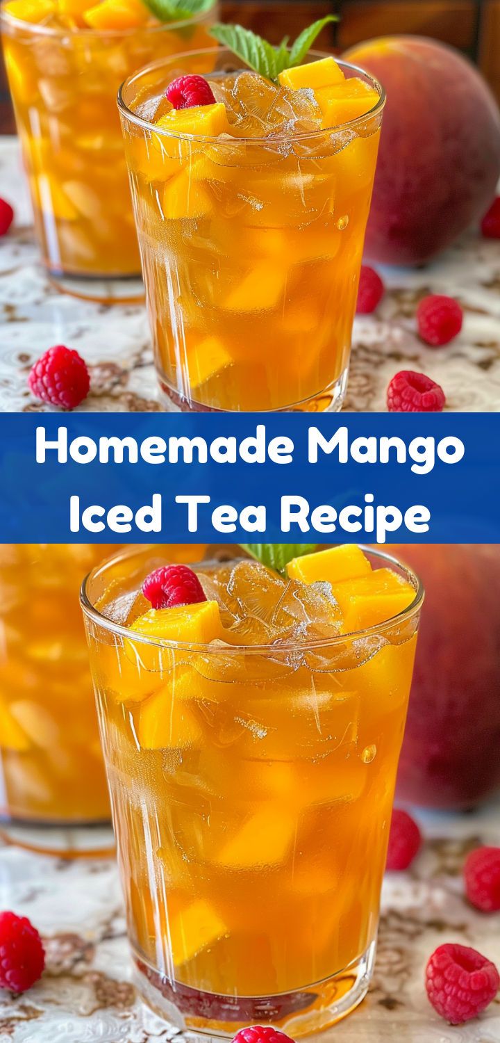 homemade mango iced tea recipe with fresh raspberries and mint on the rims