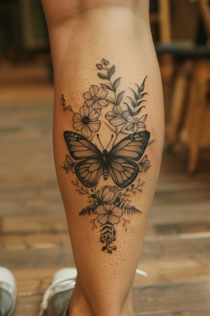 a woman's leg with a butterfly and flowers tattoo on it