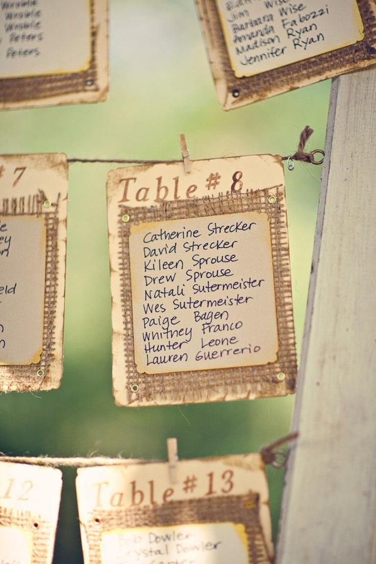 the table numbers are posted on wooden boards with tags attached to them that read tables 8 and 7