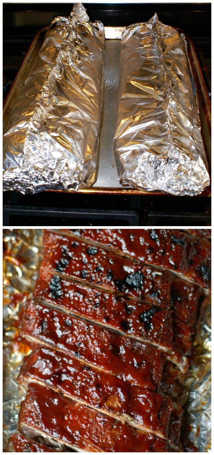 two pictures of ribs covered in tin foil