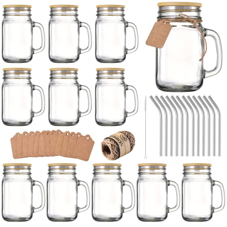 mason jars with lids and straws are arranged on a white background, surrounded by paper tags