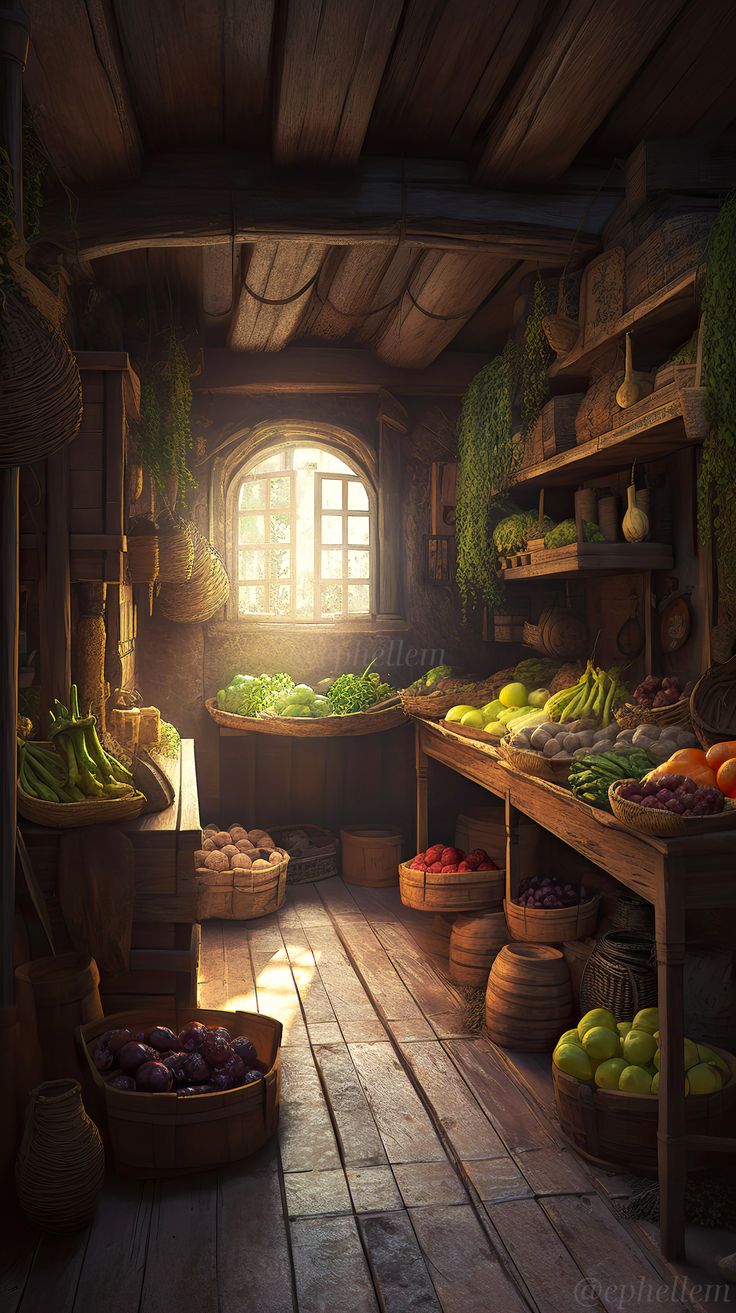 an image of a store filled with fruits and veggies in the sun light