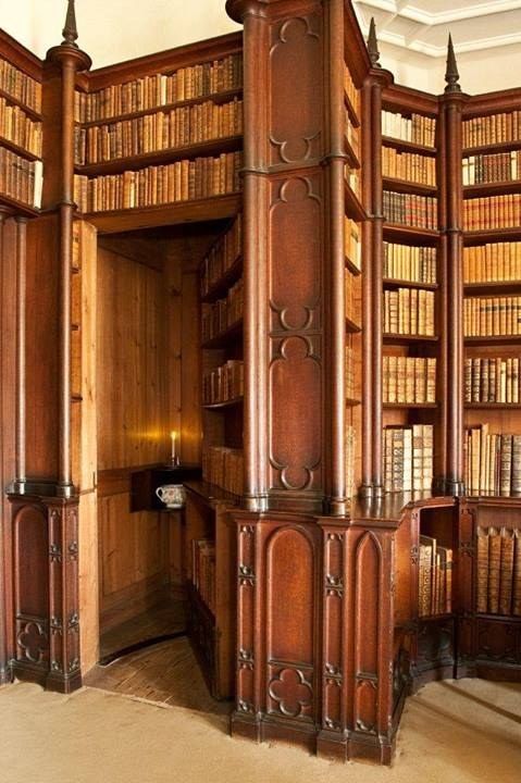 an old library with wooden bookshelves filled with lots of books