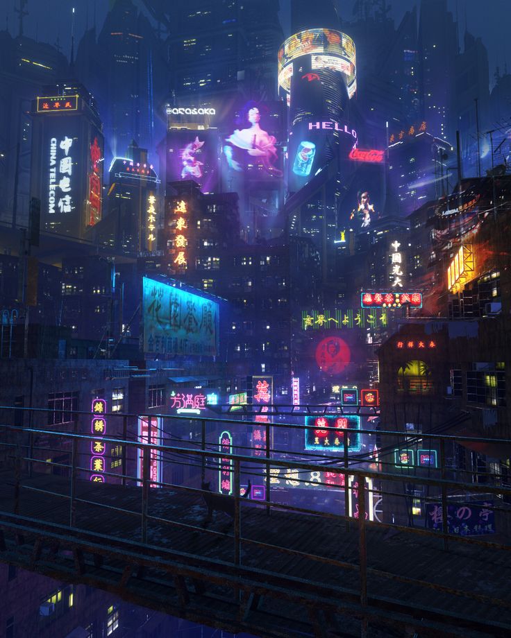 the city is lit up at night with neon signs and buildings in the foreground