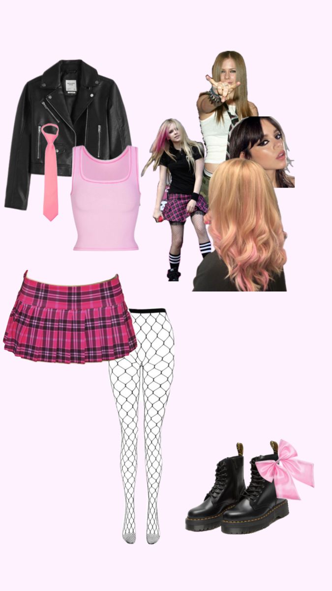 a collage of different outfits and accessories including a pink top, black leather jacket, white tights, plaid skirt and high - heeled shoes