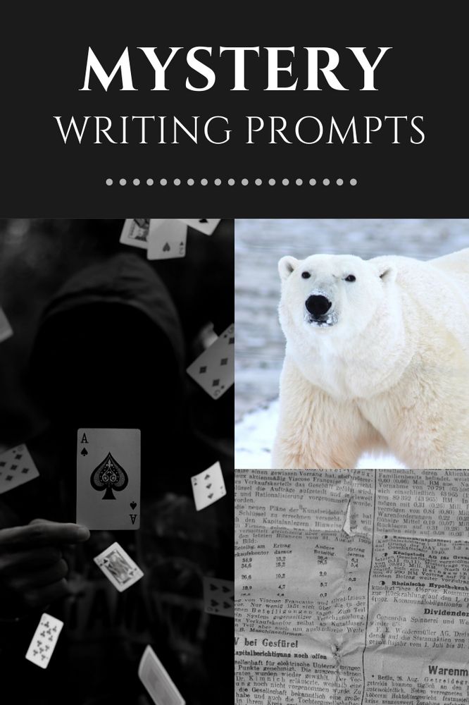 a polar bear and some playing cards with the words mystery writing proms on it