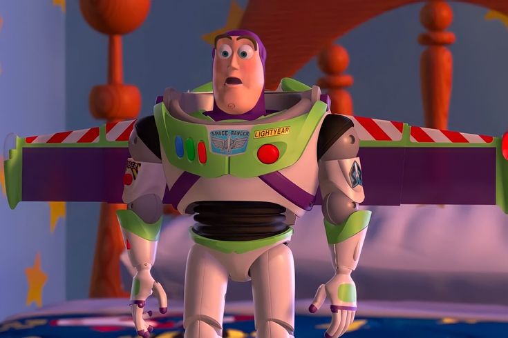 the animated character buzz lightyear from toy story is standing in front of a bed