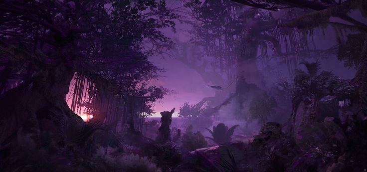 a group of people standing in the middle of a forest at night with purple lights