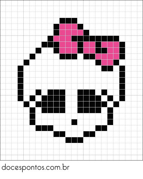 a cross stitch pattern with a pink bow in the shape of a skull on it