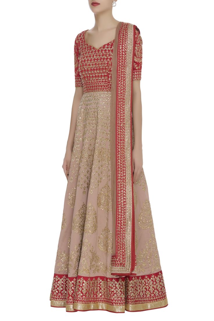 Beige and red anarkali with all-over floral motif sequin work. Comes with embellished dupatta. 
No of components: 2
Neckline: Leaf
Sleeve Length: Half 
Tassel tie-up back  
 - Aza Fashions Anarkali With Dupatta, Red Anarkali, Leaf Sleeve, Embroidered Anarkali, Women Kurta, Anarkali, Aza Fashion, Floral Motif, Sequin