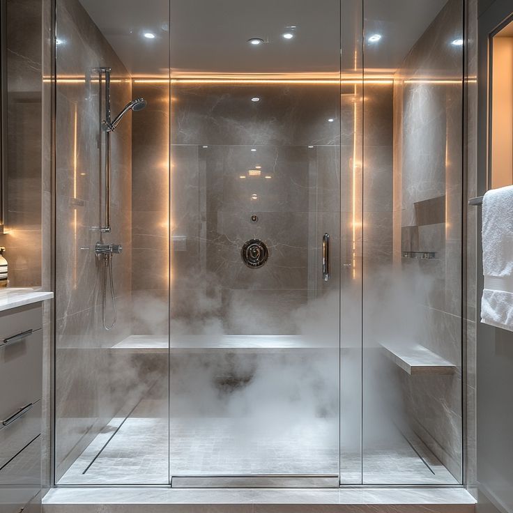 Luxurious modern bathroom with glass-encased shower and contemporary design, featuring steam, granite, glass, and ambient lighting. Steam Bathroom Ideas, Steam Room Ideas, Luxury Steam Room, Steam Room Bathroom, Steam Shower Ideas, Steam Bathroom, Loft Bathroom, Steam Shower, Luxury Shower