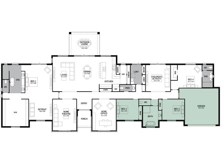 the floor plan for an apartment with three bedroom and two bathrooms, one living room