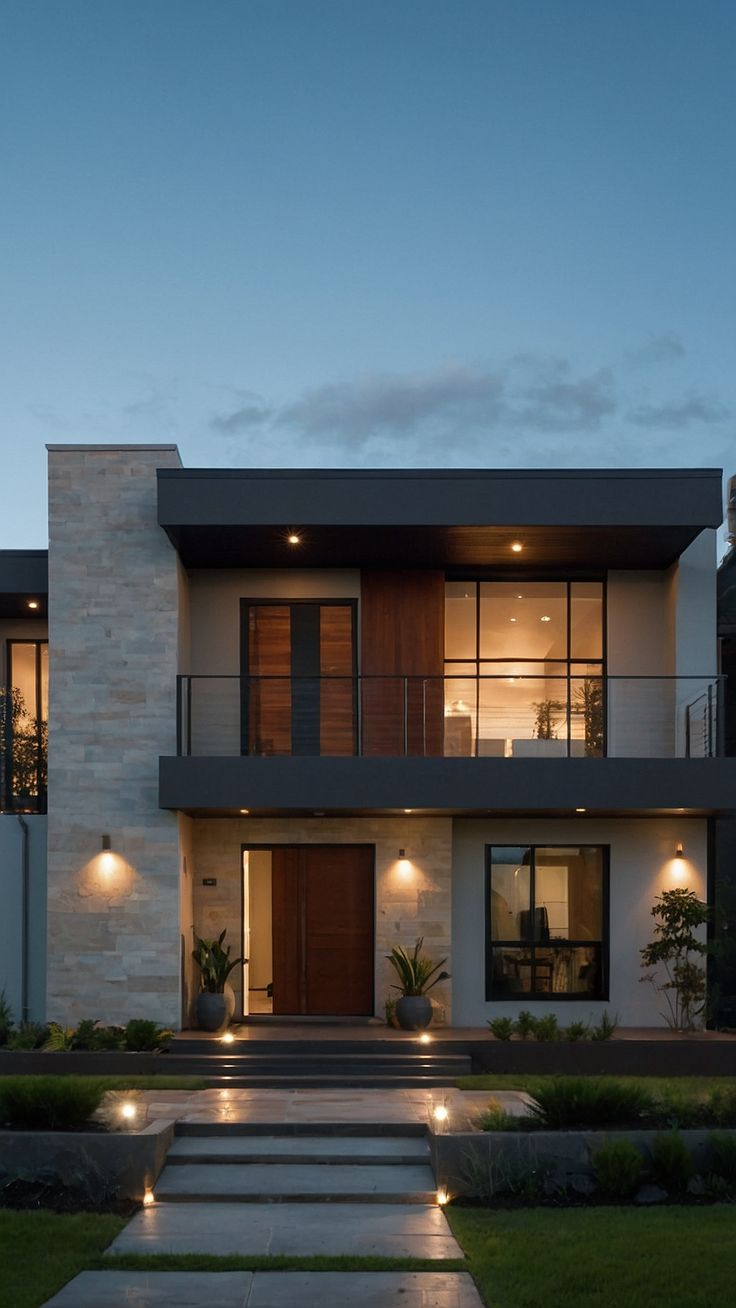 a modern house lit up at night with lights on the windows and steps leading to it