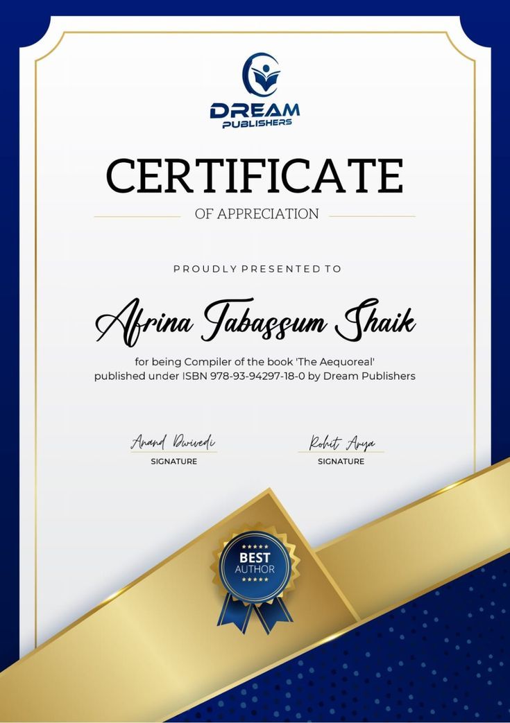 an award certificate with a blue background and gold trimmings on the bottom, is shown