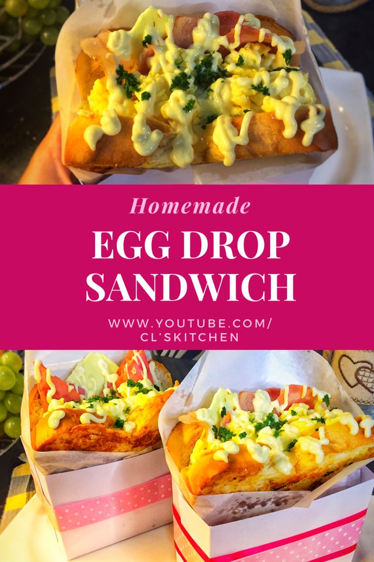 homemade egg drop sandwich with cheese and other toppings in paper containers on a table