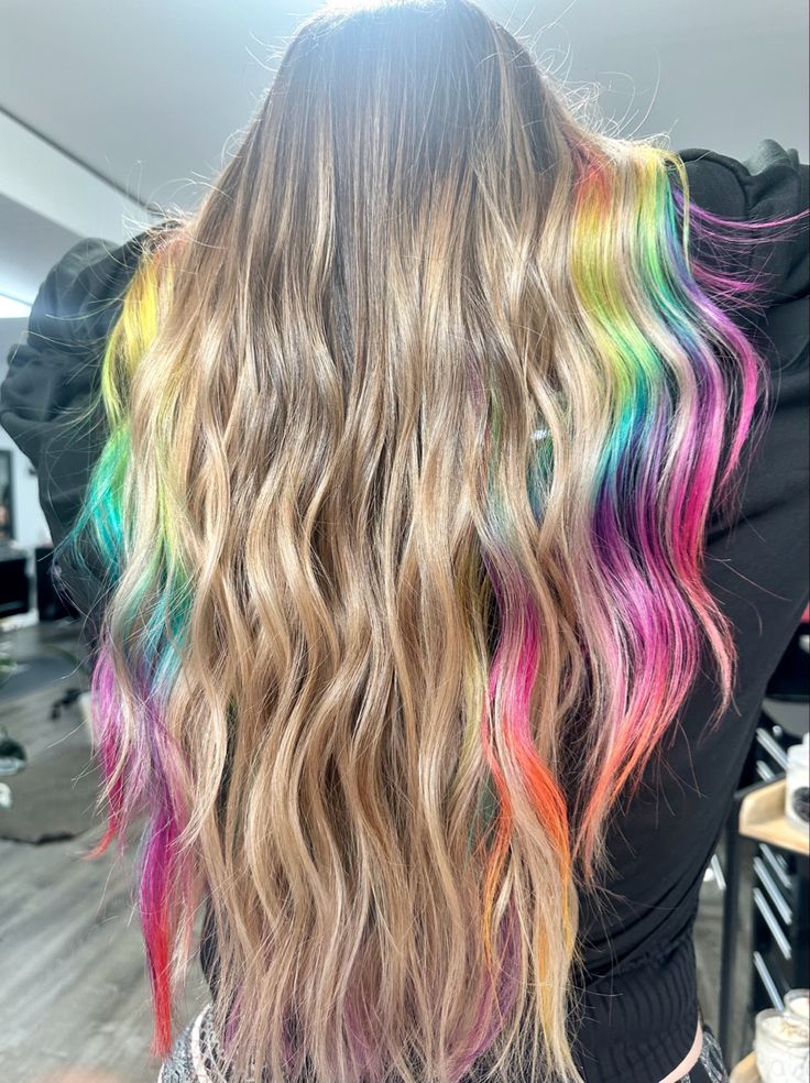 Blonde Hair Colored Money Piece, Blonde Hair With Rainbow Money Piece, Blonde With Vivid Peekaboo, Vivid Money Piece Hair Blonde, Rainbow Highlights In Blonde Hair, Blonde With Vivid Color, Blonde Hair With Vivid Colors, Rainbow Blonde Hair, Blonde And Vivid Hair Color